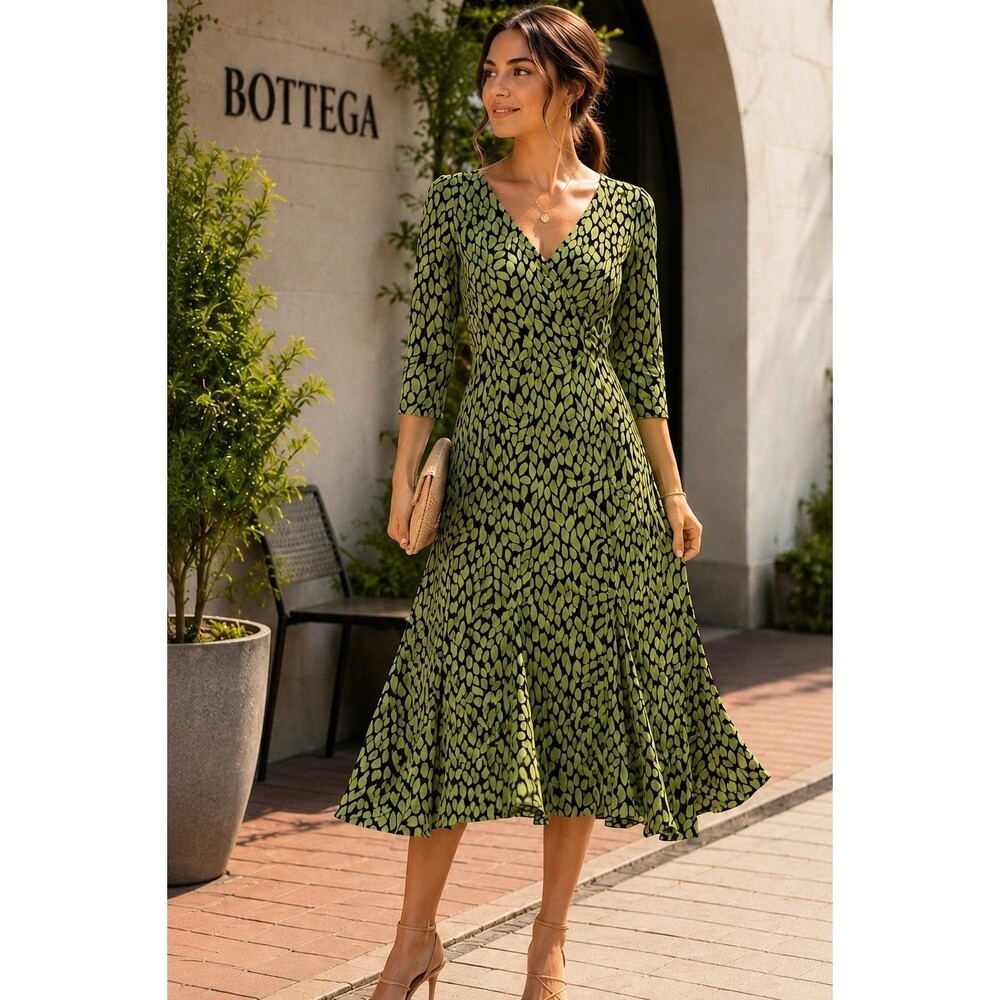 Size 4 Olive Green & Dark Chocolate Leaf Print Stretch Midi Dress 3/4 Sleeve